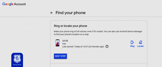 انتخاب موبایل در گوگل اکانت برنامه find my device
