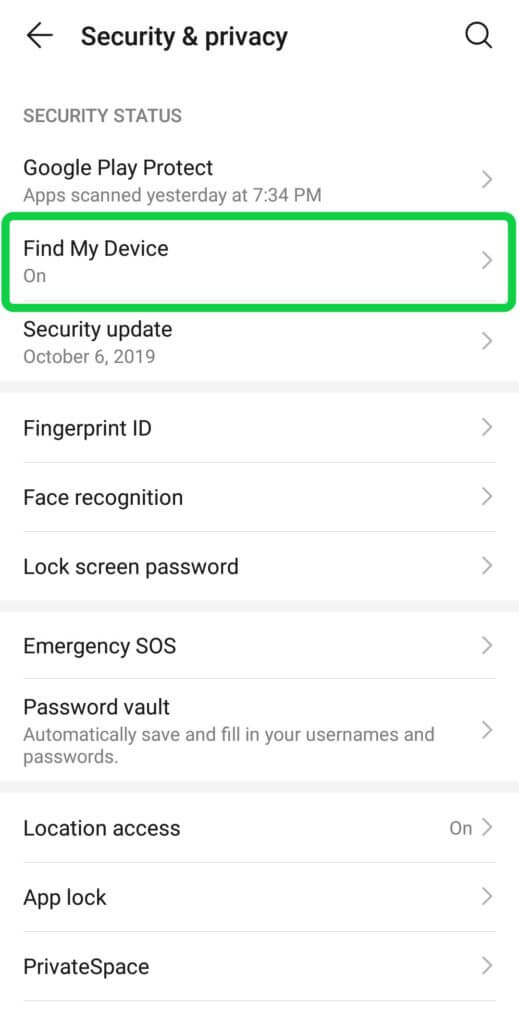 فعال سازی find my device از تنظیمات امنیت و حریم خصوصی
